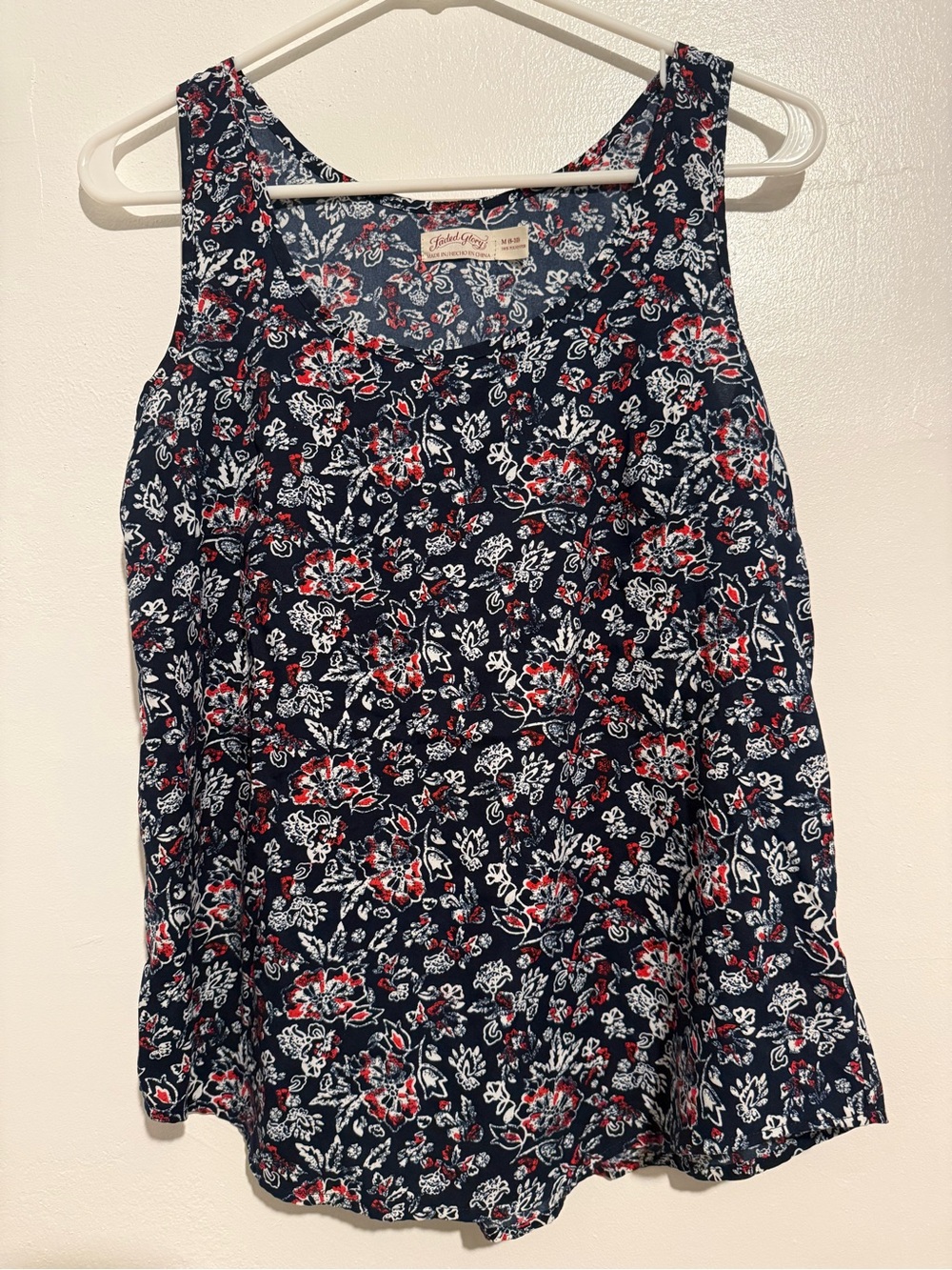 Faded Glory Navy Floral Tank with Red & White Blooms